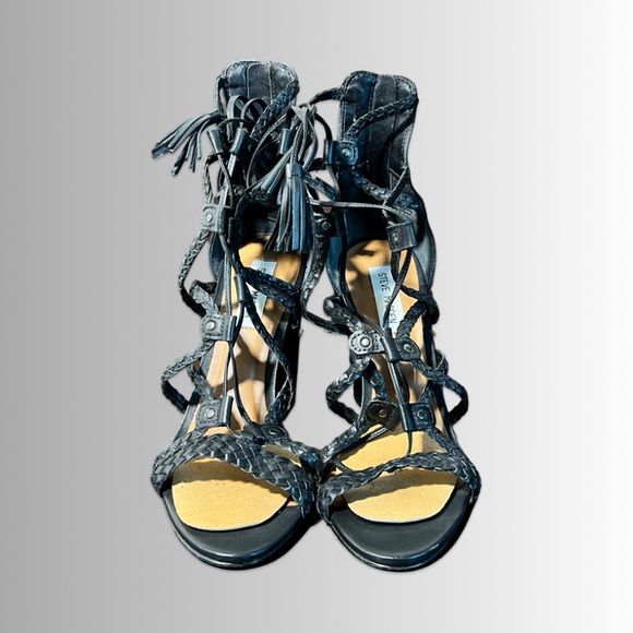 Steve Madden Black Braided Leather Tarra Block Heels, Strappy, Size 9 - Picture 4 of 7